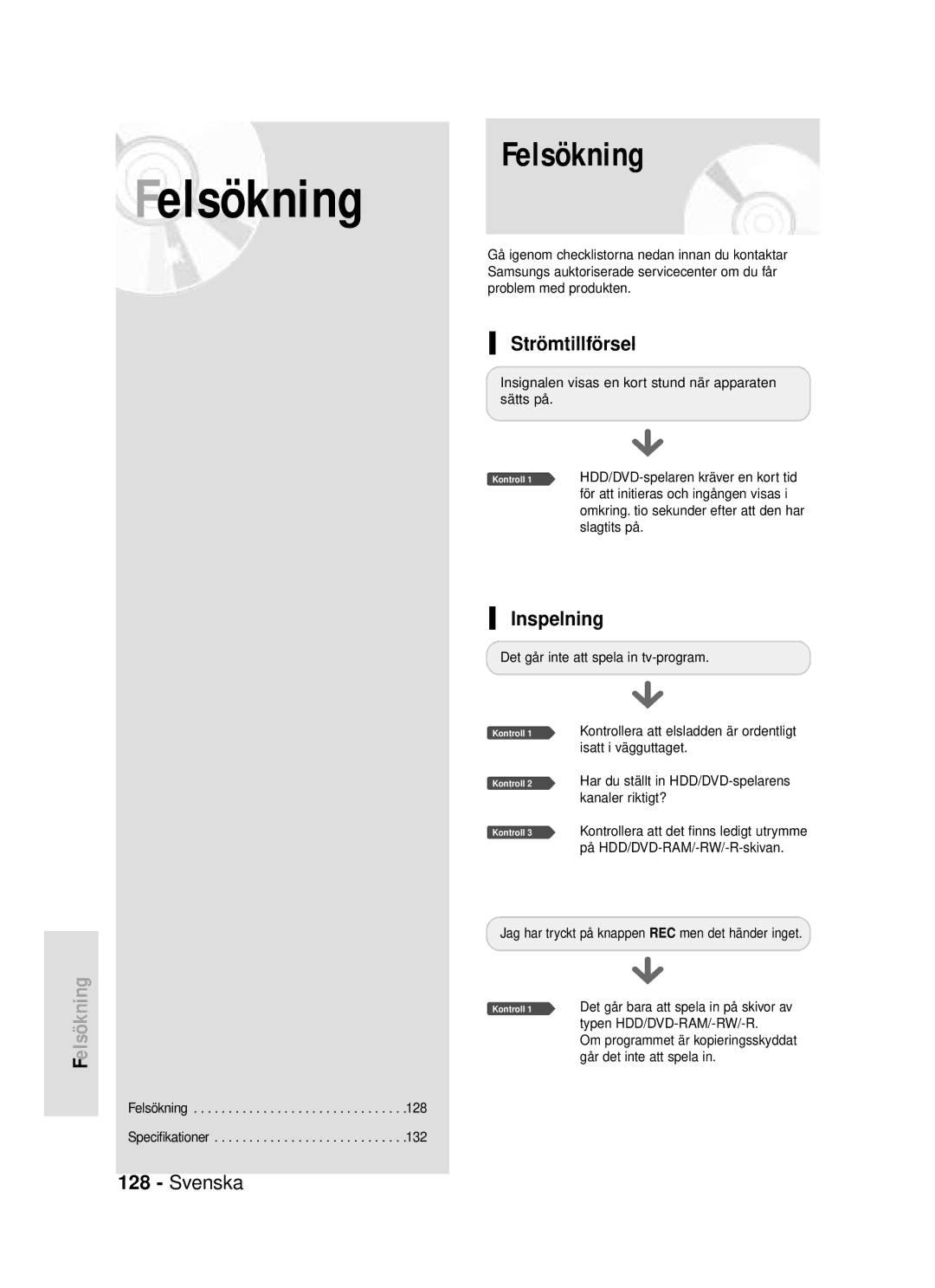 Samsung DVD-HR720/XEE manual Strömtillförsel, Inspelning 