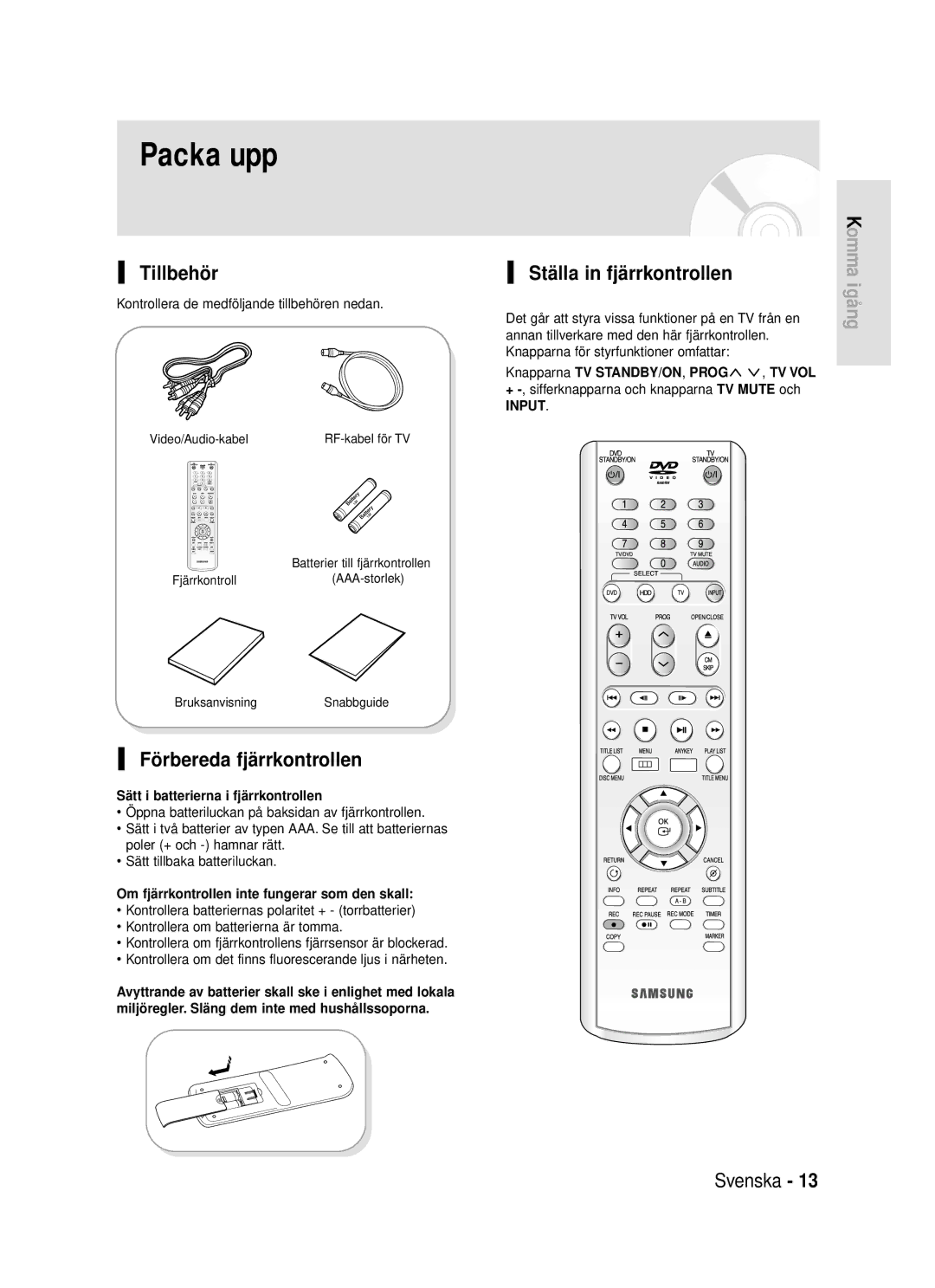 Samsung DVD-HR720/XEE manual Tillbehör, Förbereda fjärrkontrollen, Ställa in fjärrkontrollen 