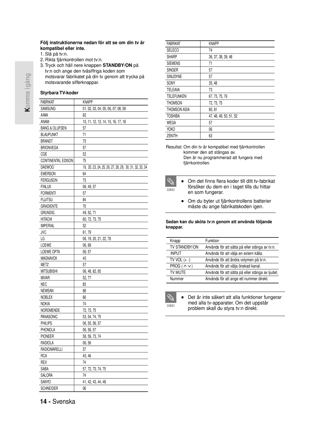 Samsung DVD-HR720/XEE manual Styrbara TV-koder, Sedan kan du sköta tvn genom att använda följande knappar 