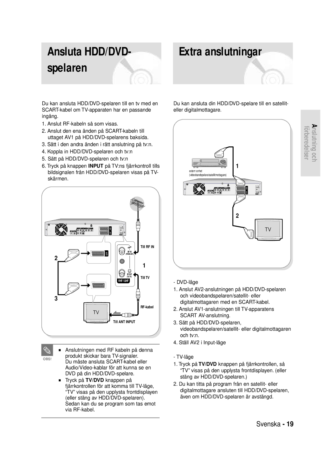 Samsung DVD-HR720/XEE manual Extra anslutningar, Anslutningen med RF kabeln på denna DVD-läge, Stäng av HDD/DVD-spelaren 