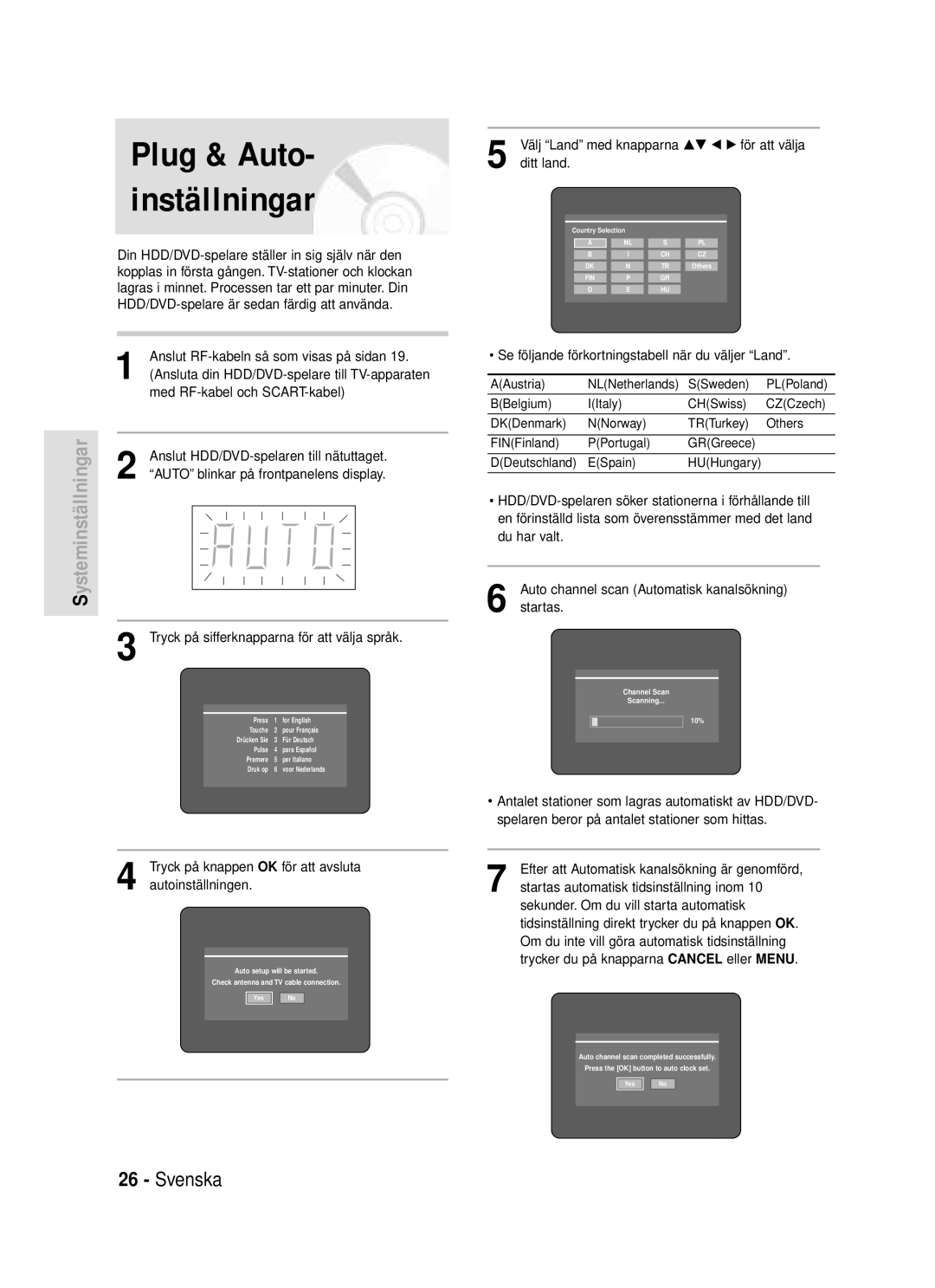 Samsung DVD-HR720/XEE manual Välj Land med knapparna…† œ √ för att välja, Ditt land 