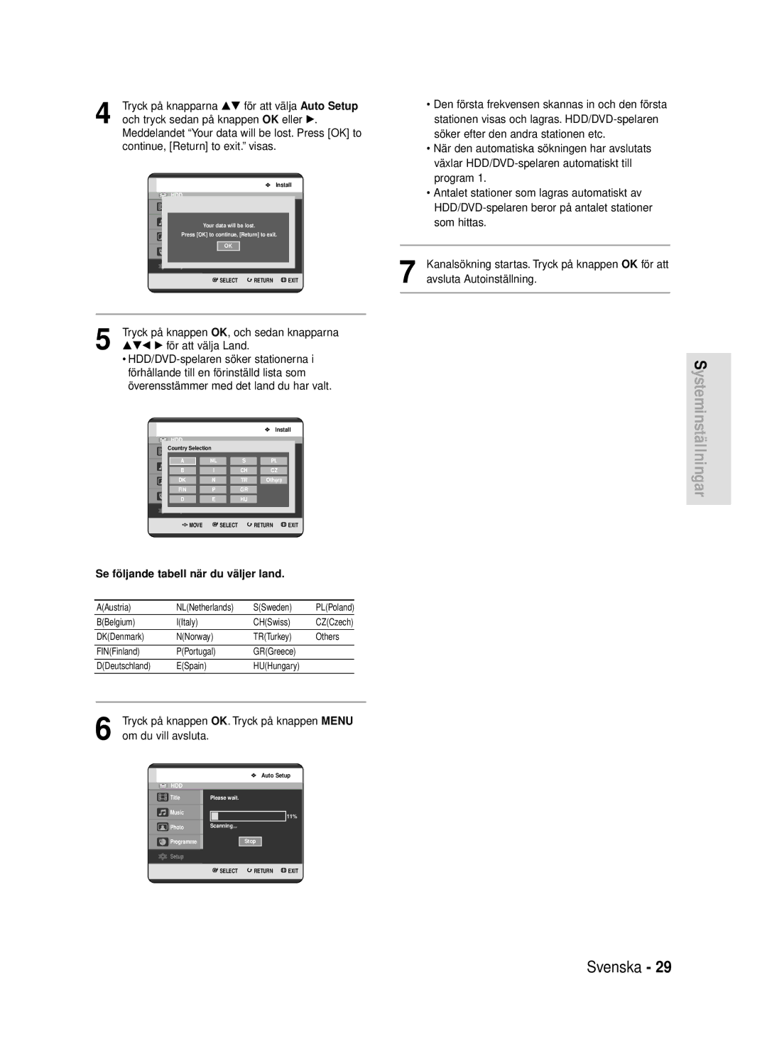 Samsung DVD-HR720/XEE manual Systeminställningar, Se följande tabell när du väljer land 