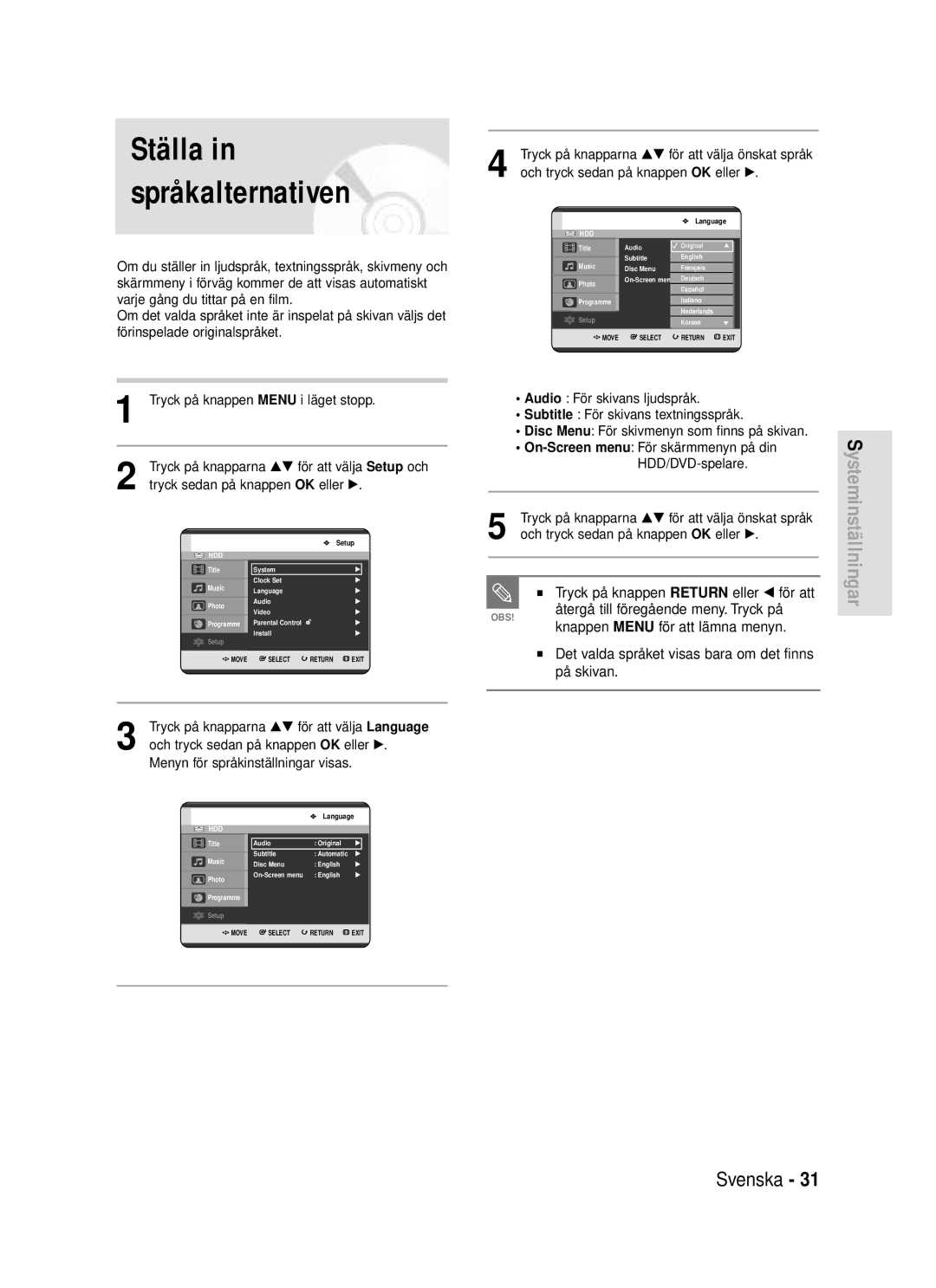 Samsung DVD-HR720/XEE manual Ställa in språkalternativen, Tryck på knappen Return eller œ för att 