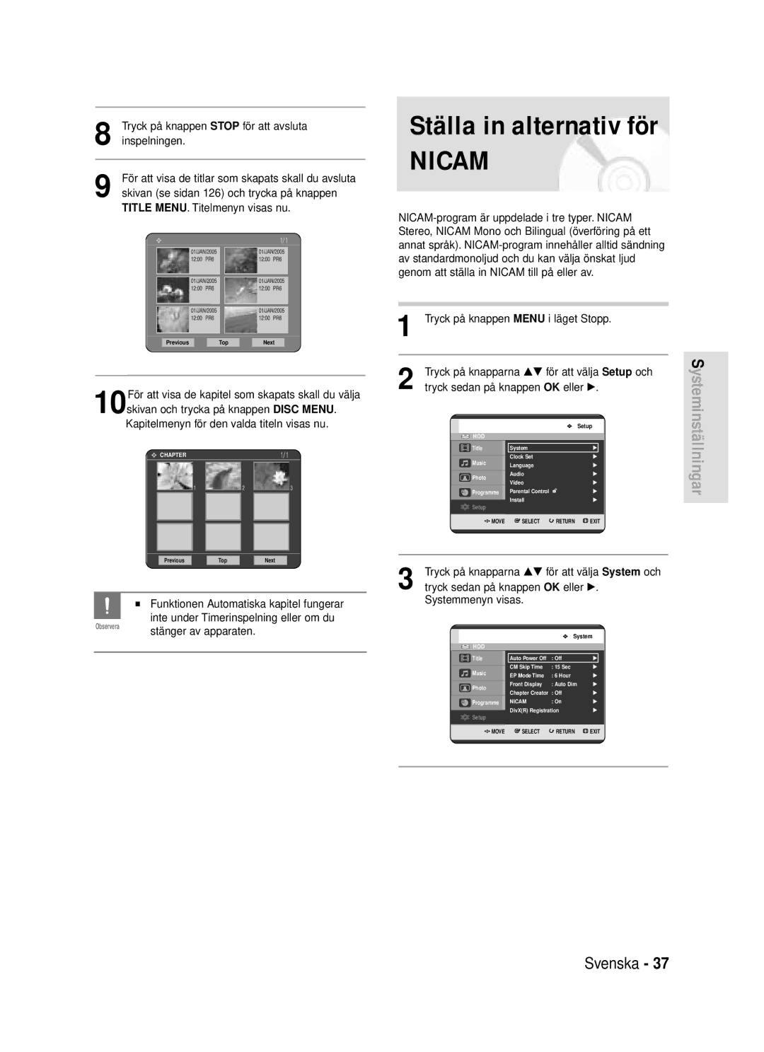 Samsung DVD-HR720/XEE manual Nicam 