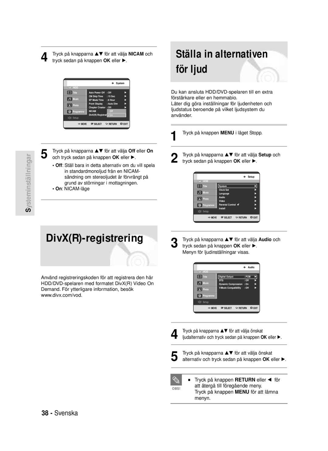 Samsung DVD-HR720/XEE manual DivXR-registrering, Ställa in alternativen för ljud, Tryck på knappen Return eller œ för 