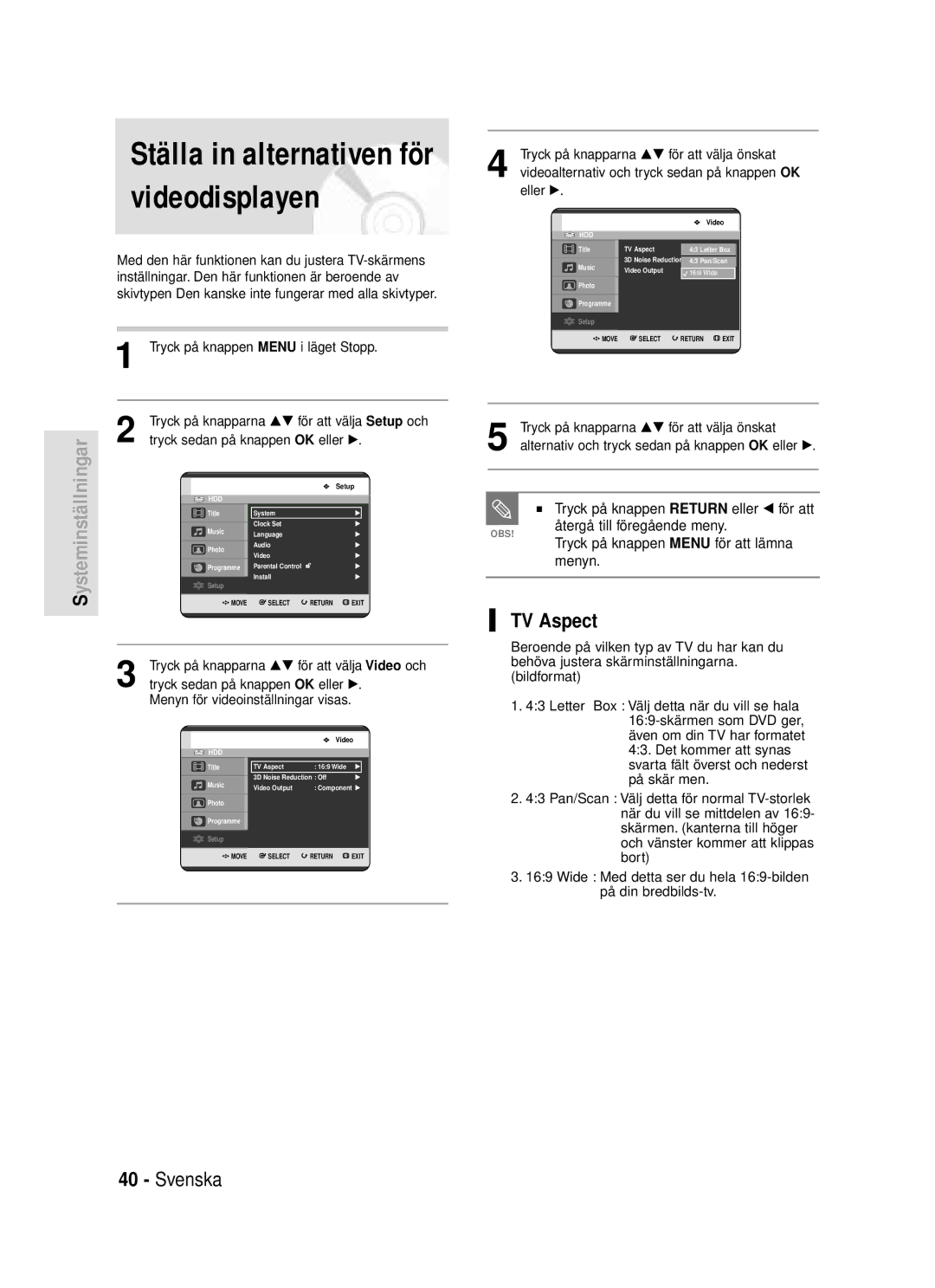 Samsung DVD-HR720/XEE manual TV Aspect 