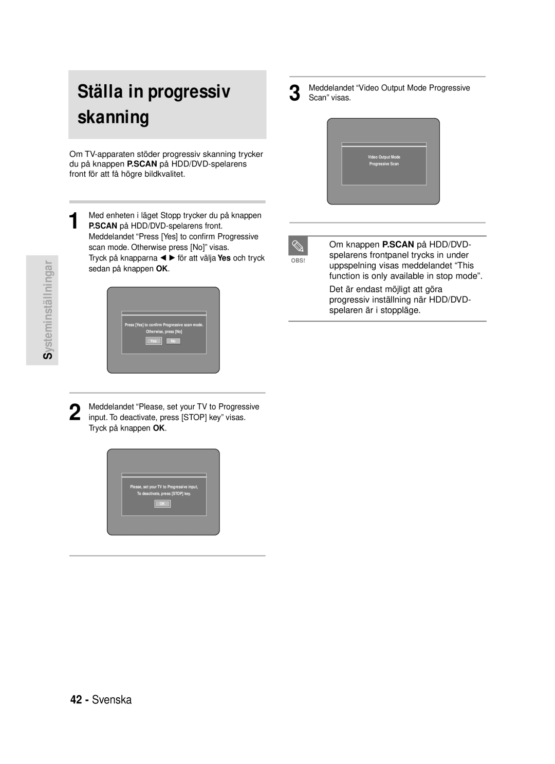 Samsung DVD-HR720/XEE manual Ställa in progressiv skanning, Om knappen P.SCAN på HDD/DVD 