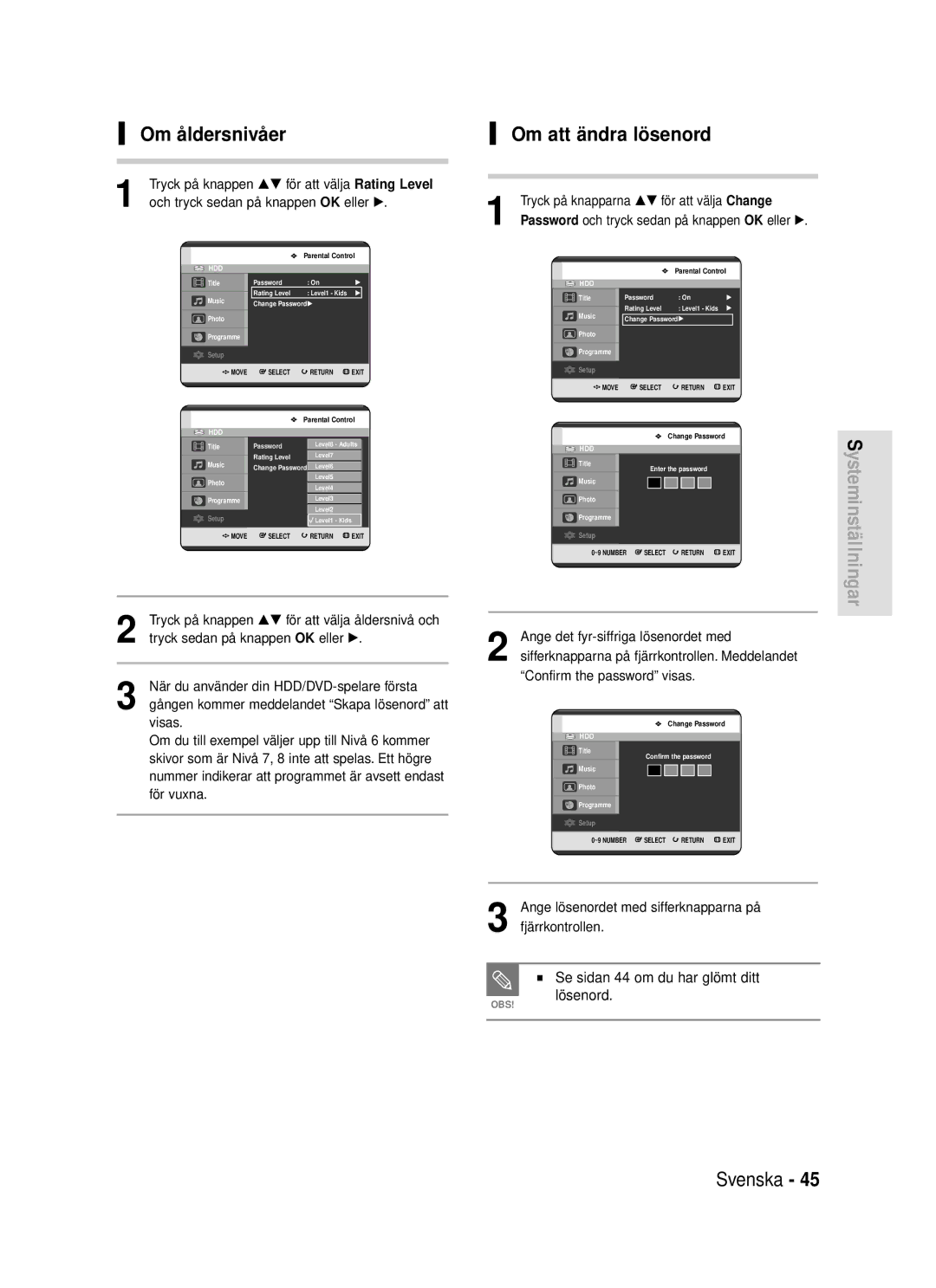 Samsung DVD-HR720/XEE manual Om åldersnivåer, Om att ändra lösenord, Se sidan 44 om du har glömt ditt lösenord 