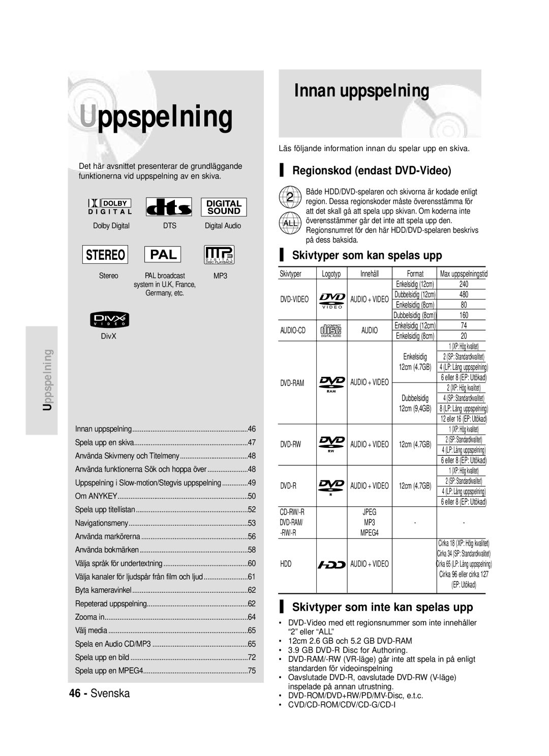 Samsung DVD-HR720/XEE manual Innan uppspelning, Regionskod endast DVD-Video, Skivtyper som kan spelas upp 