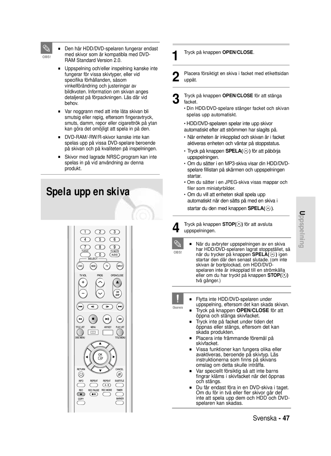 Samsung DVD-HR720/XEE manual Spela upp en skiva 