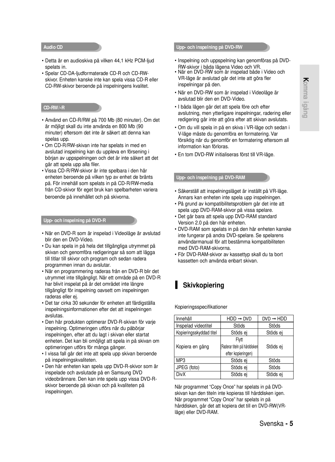 Samsung DVD-HR720/XEE manual Skivkopiering 