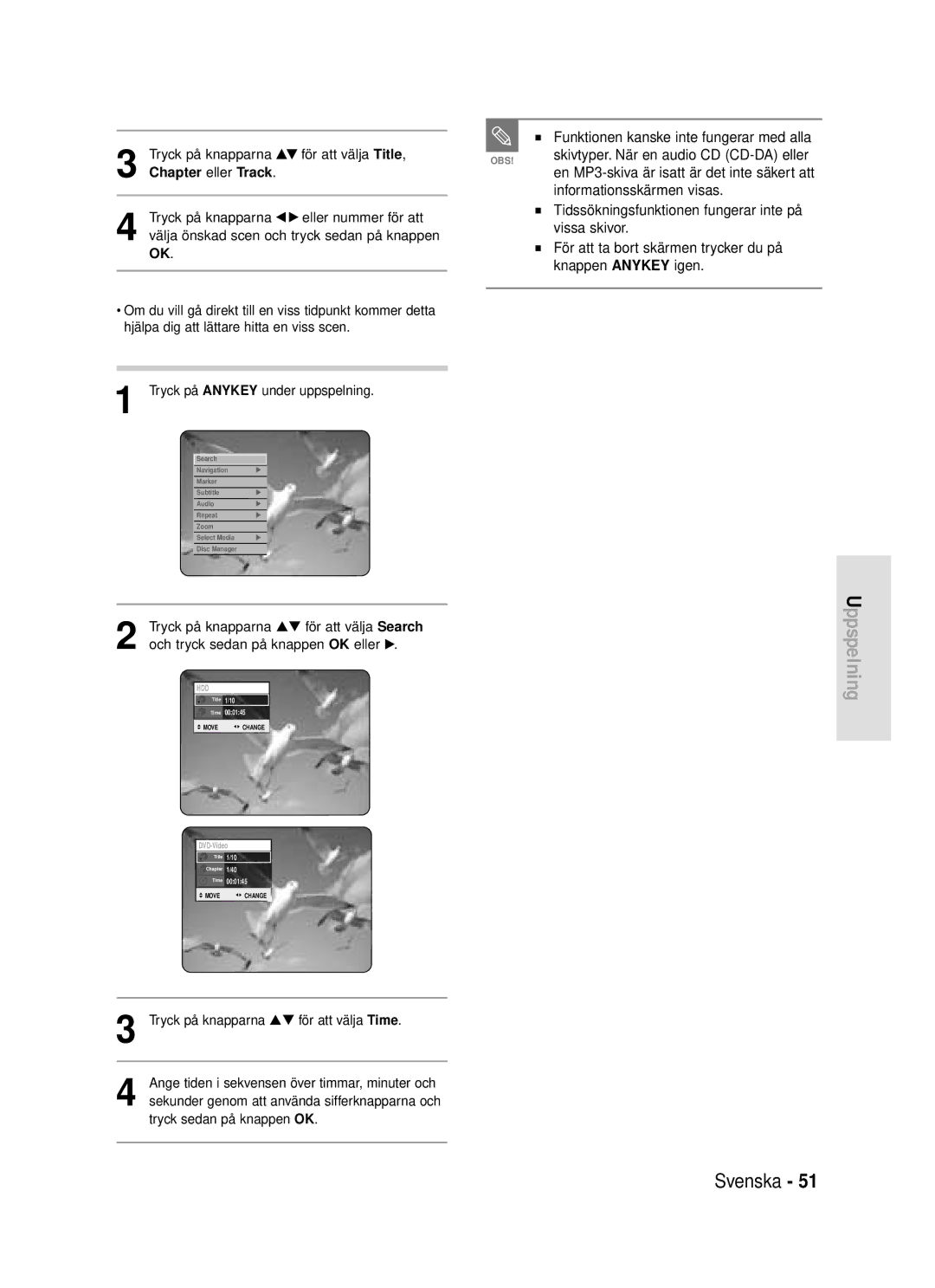 Samsung DVD-HR720/XEE manual Informationsskärmen visas, Funktionen kanske inte fungerar med alla, Chapter eller Track 