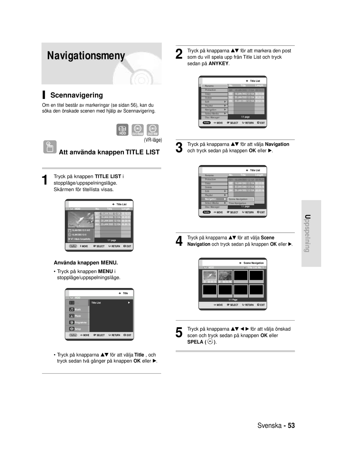 Samsung DVD-HR720/XEE manual Navigationsmeny, Scennavigering, VR-läge, Spela 