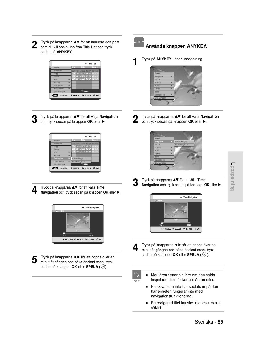 Samsung DVD-HR720/XEE manual Använda knappen Anykey, Tryck på knapparna …† för att välja Time 