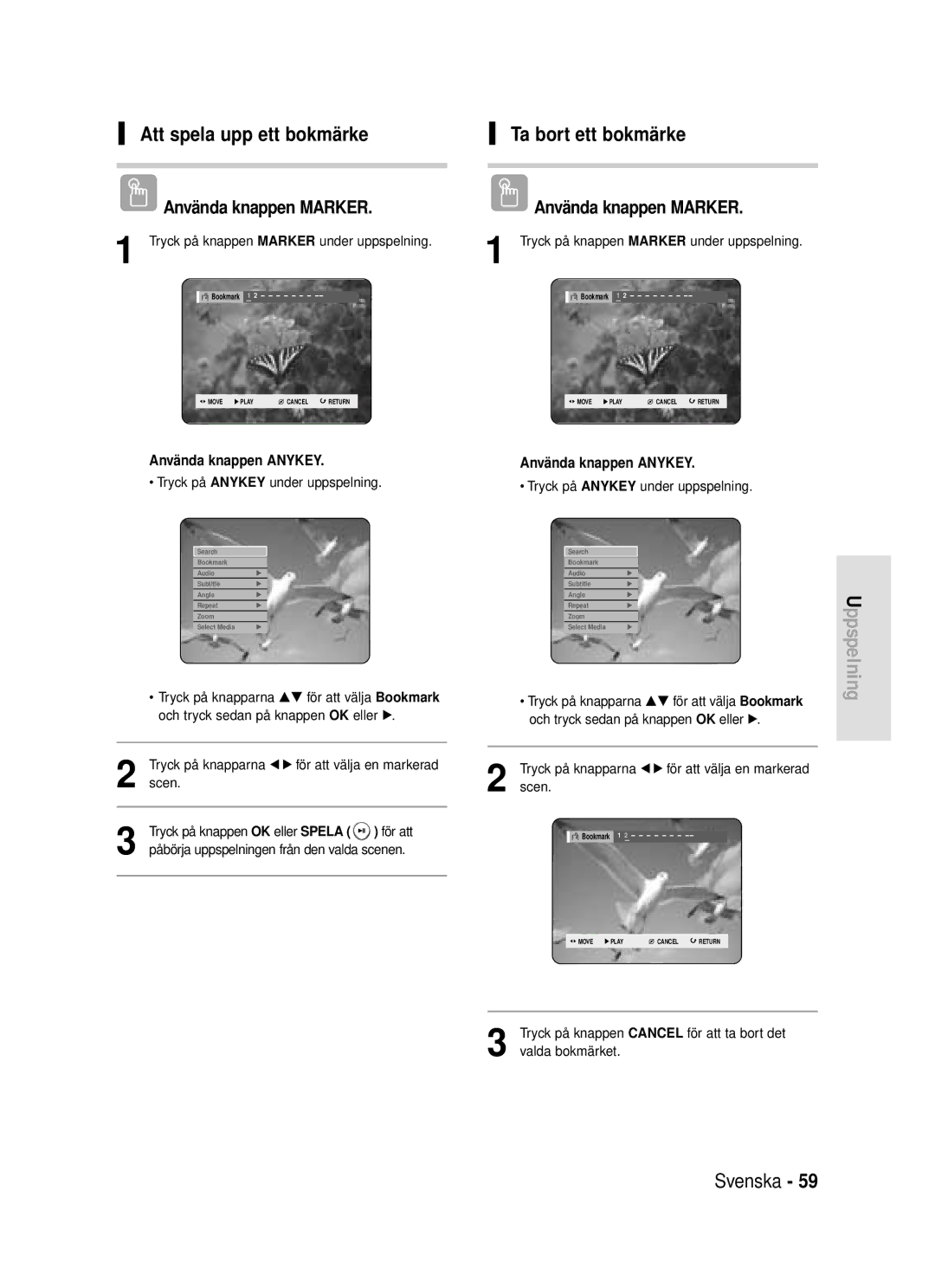 Samsung DVD-HR720/XEE manual Att spela upp ett bokmärke Ta bort ett bokmärke 