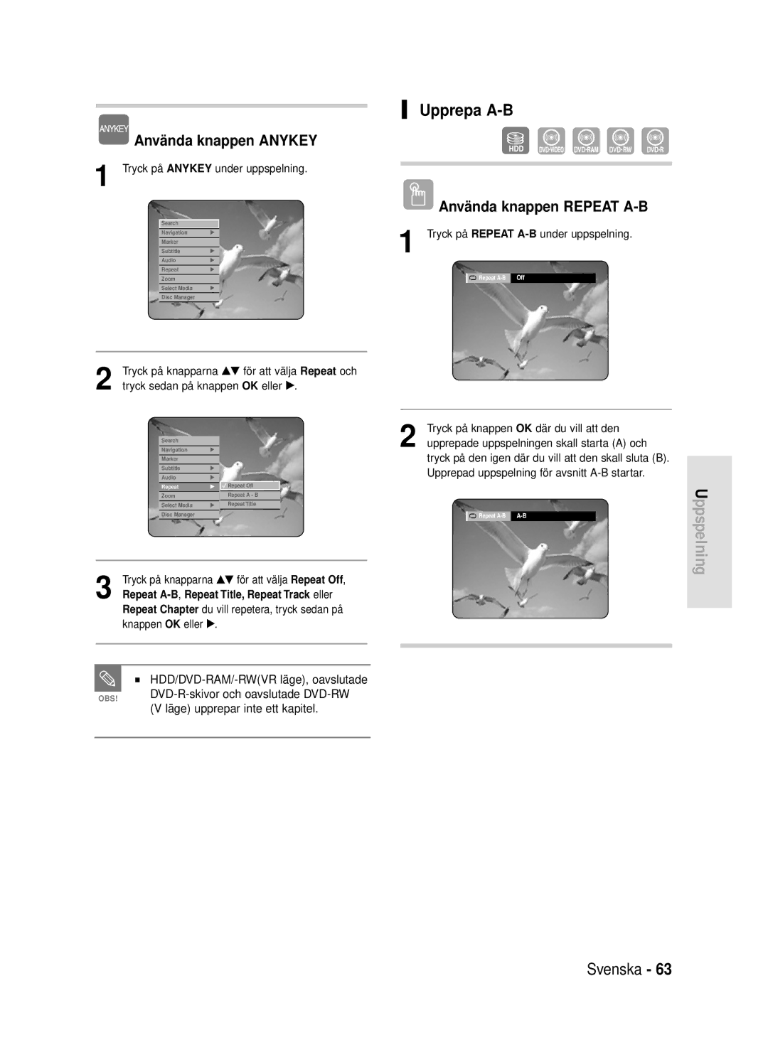 Samsung DVD-HR720/XEE manual Upprepa A-B, Använda knappen Repeat A-B, Repeat A-B , Repeat Title, Repeat Track eller 