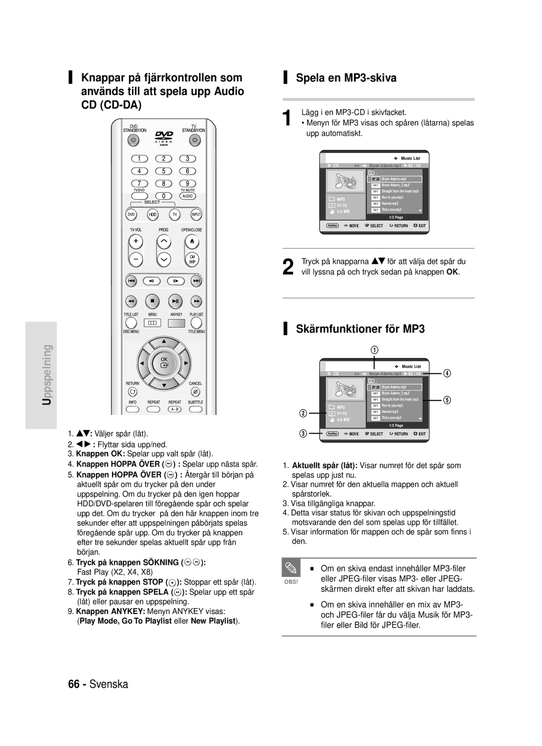 Samsung DVD-HR720/XEE manual Spela en MP3-skiva, Skärmfunktioner för MP3, Om en skiva endast innehåller MP3-filer 