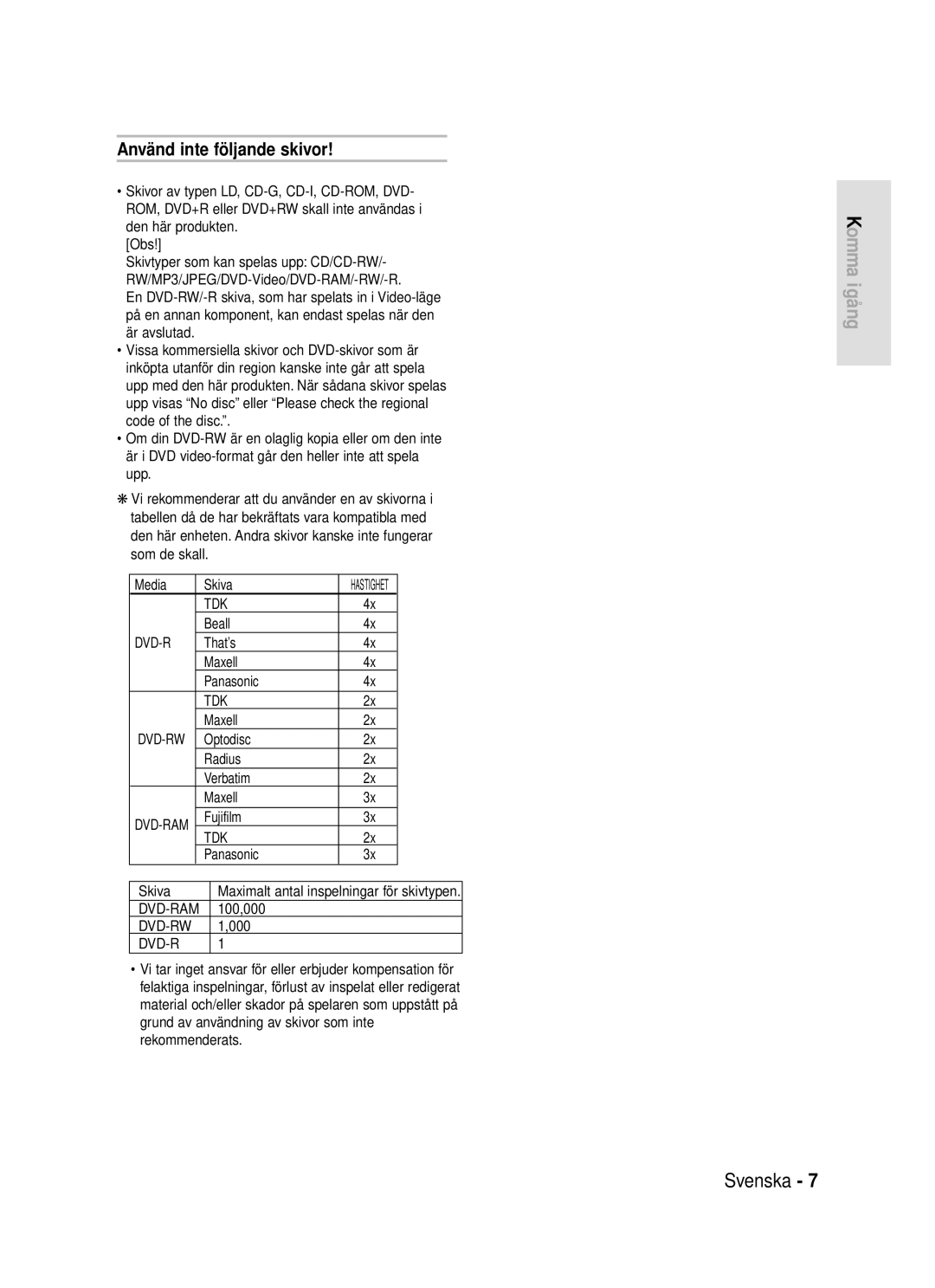 Samsung DVD-HR720/XEE manual Använd inte följande skivor 