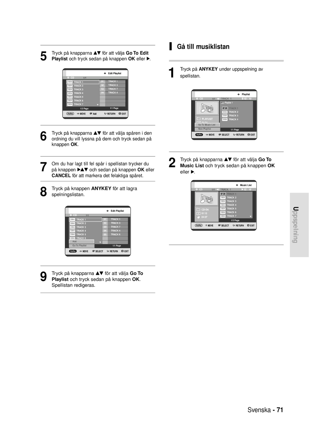 Samsung DVD-HR720/XEE manual Gå till musiklistan 