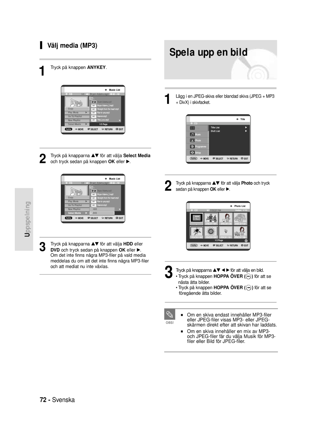 Samsung DVD-HR720/XEE manual Spela upp en bild, Välj media MP3 