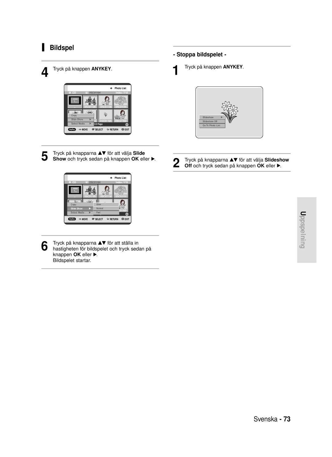 Samsung DVD-HR720/XEE manual Bildspel, Stoppa bildspelet 