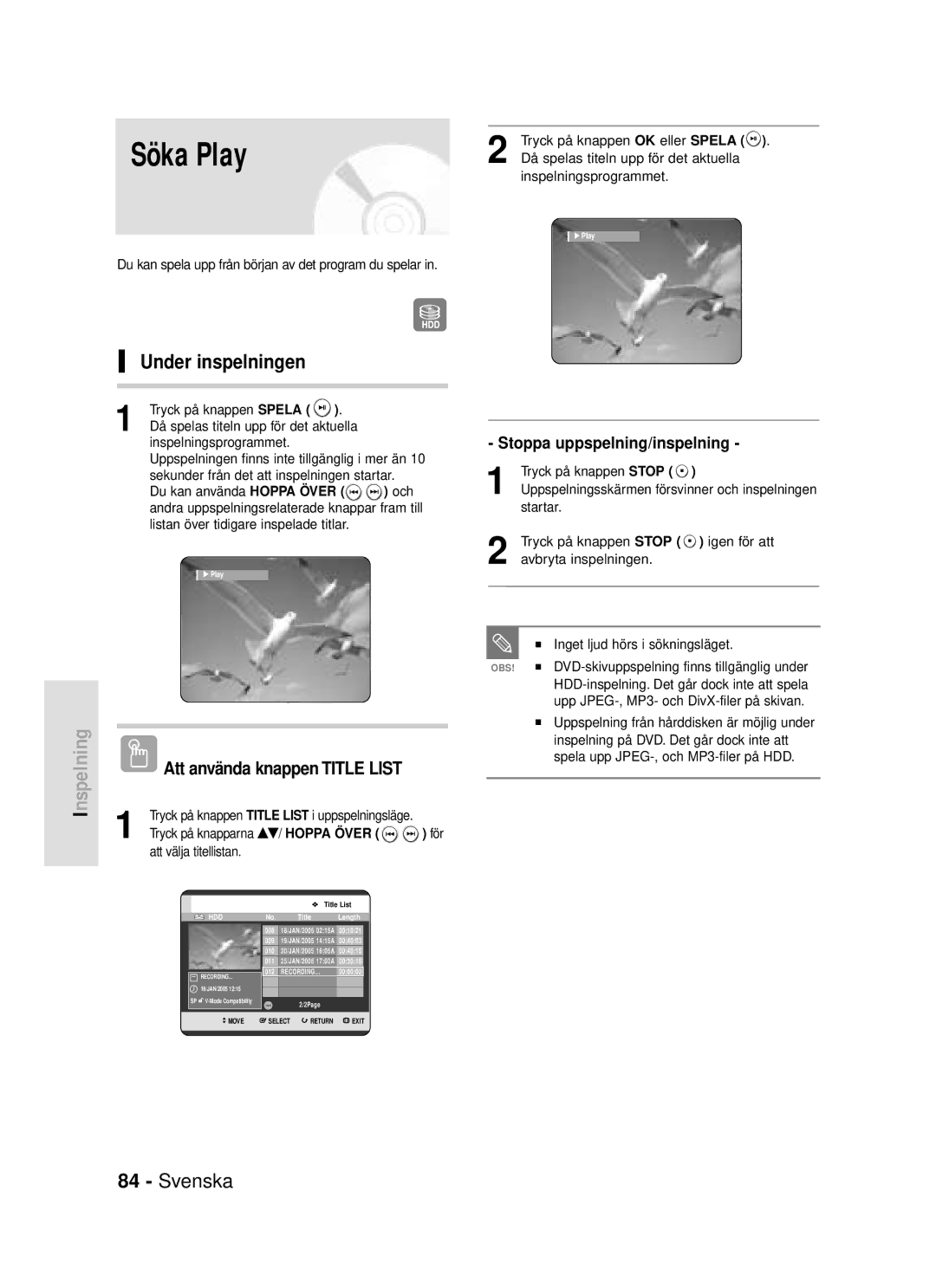 Samsung DVD-HR720/XEE manual Under inspelningen, Att använda knappen Title List, Stoppa uppspelning/inspelning 