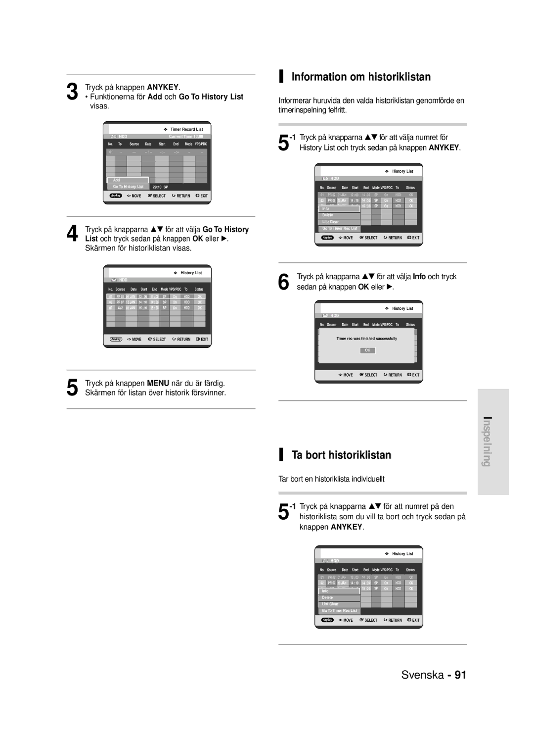 Samsung DVD-HR720/XEE manual Information om historiklistan, Ta bort historiklistan 