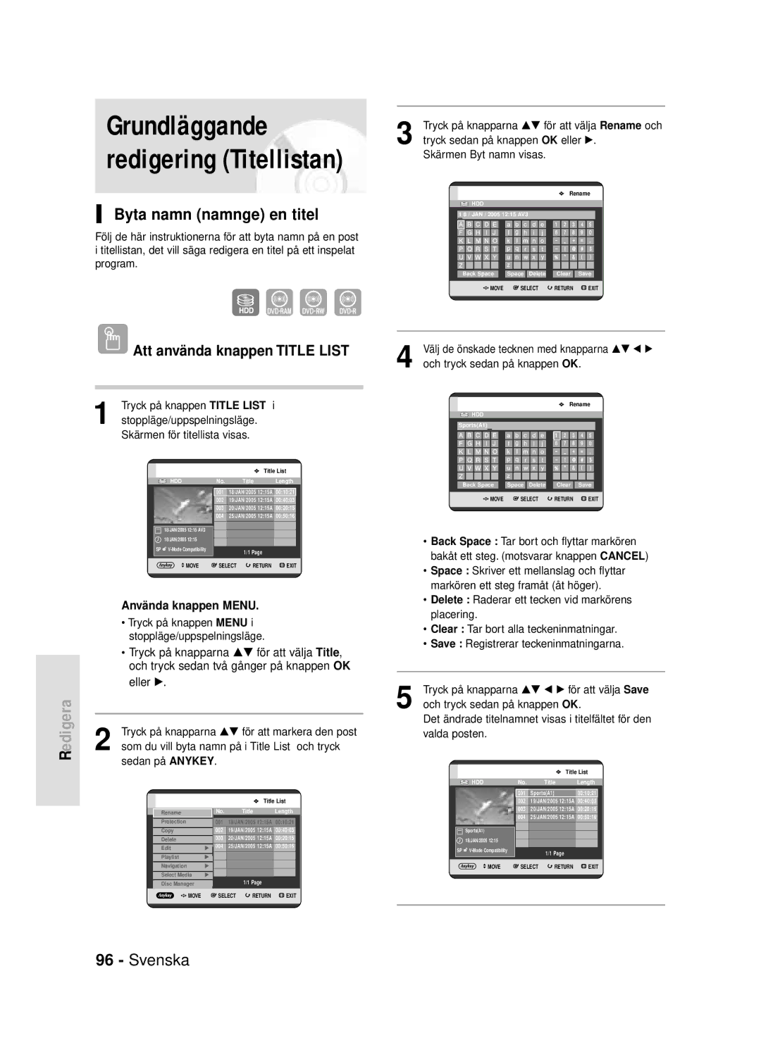 Samsung DVD-HR720/XEE manual Grundläggande redigering Titellistan, Byta namn namnge en titel 