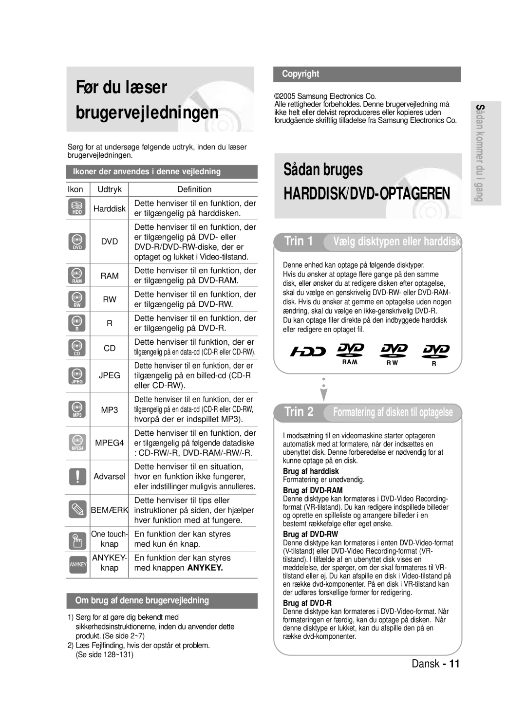 Samsung DVD-HR720/XEE manual Sådan bruges, Før du læser brugervejledningen 