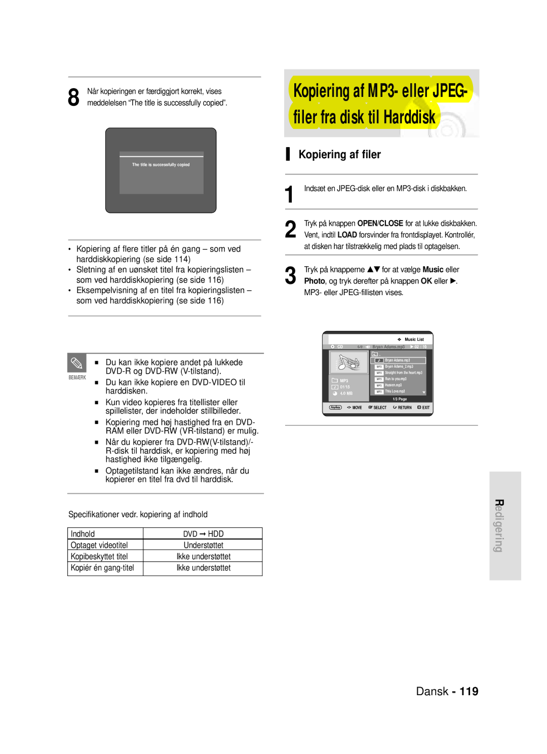 Samsung DVD-HR720/XEE manual Kopiering af filer 