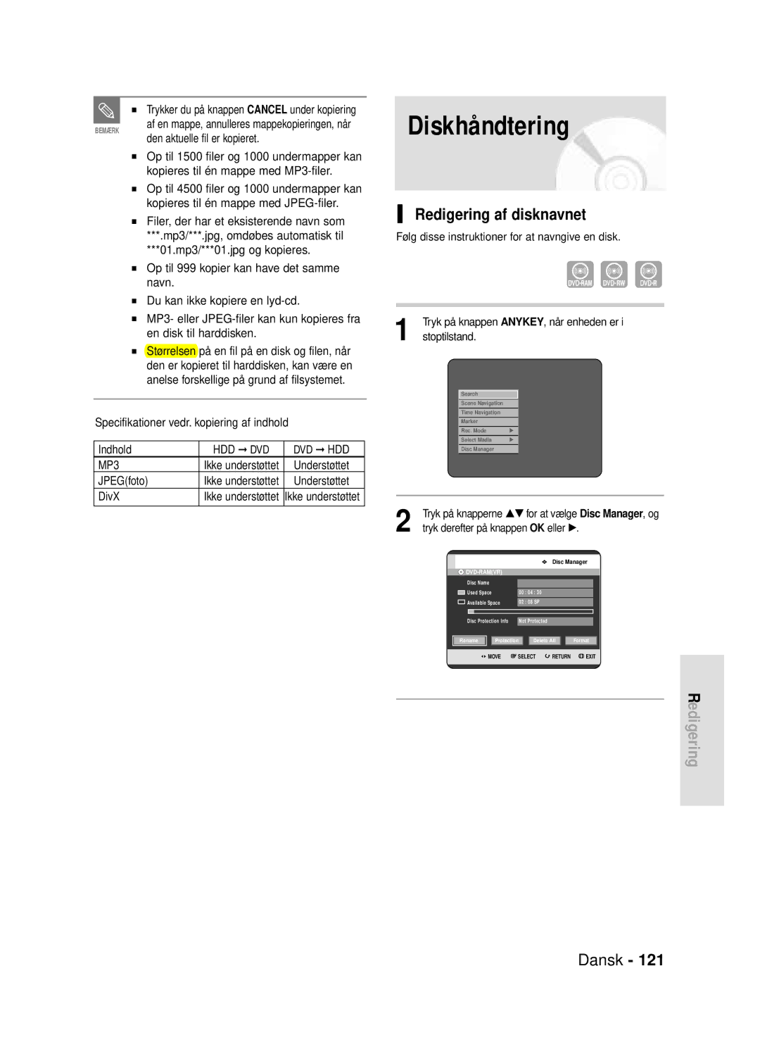 Samsung DVD-HR720/XEE Diskhåndtering, Redigering af disknavnet, Trykker du på knappen Cancel under kopiering, JPEGfoto 