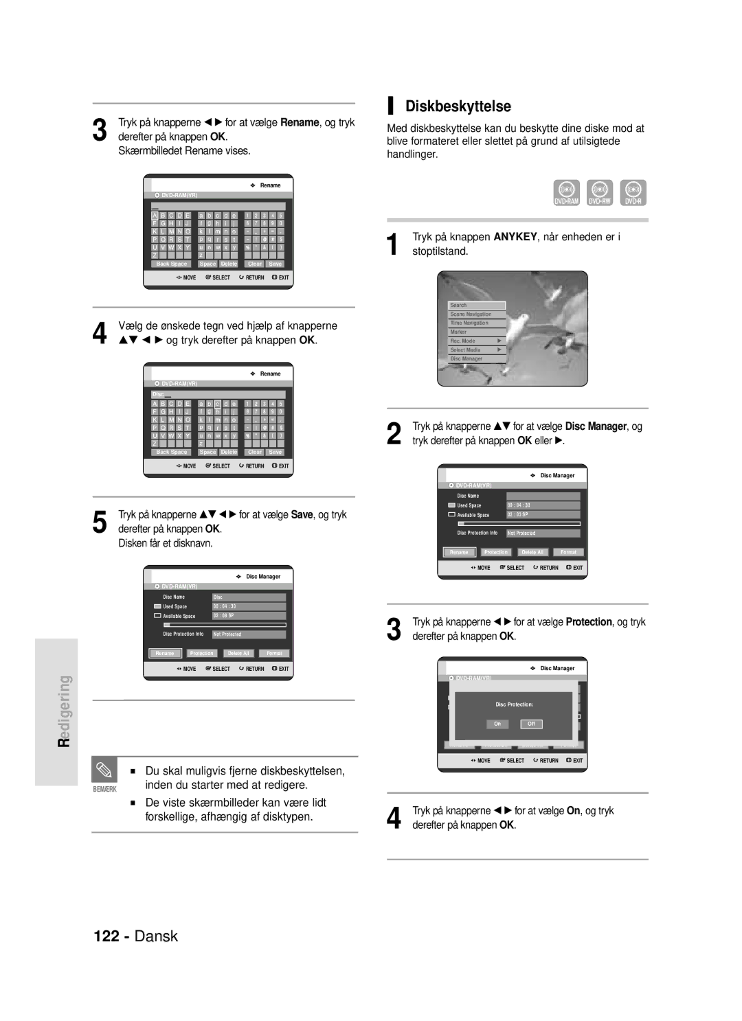 Samsung DVD-HR720/XEE manual Diskbeskyttelse, Du skal muligvis fjerne diskbeskyttelsen 