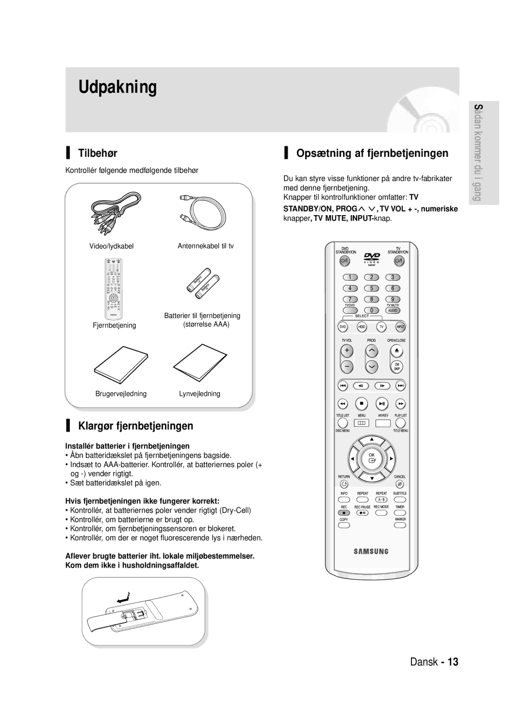 Samsung DVD-HR720/XEE manual Udpakning, Tilbehør, Klargør fjernbetjeningen, Opsætning af fjernbetjeningen 