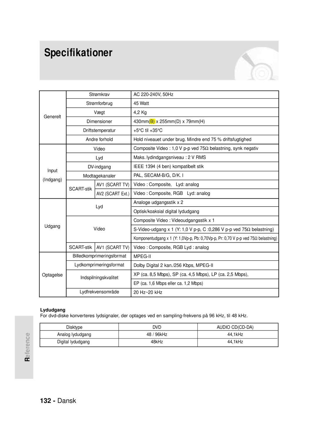 Samsung DVD-HR720/XEE manual Specifikationer, Lydudgang 