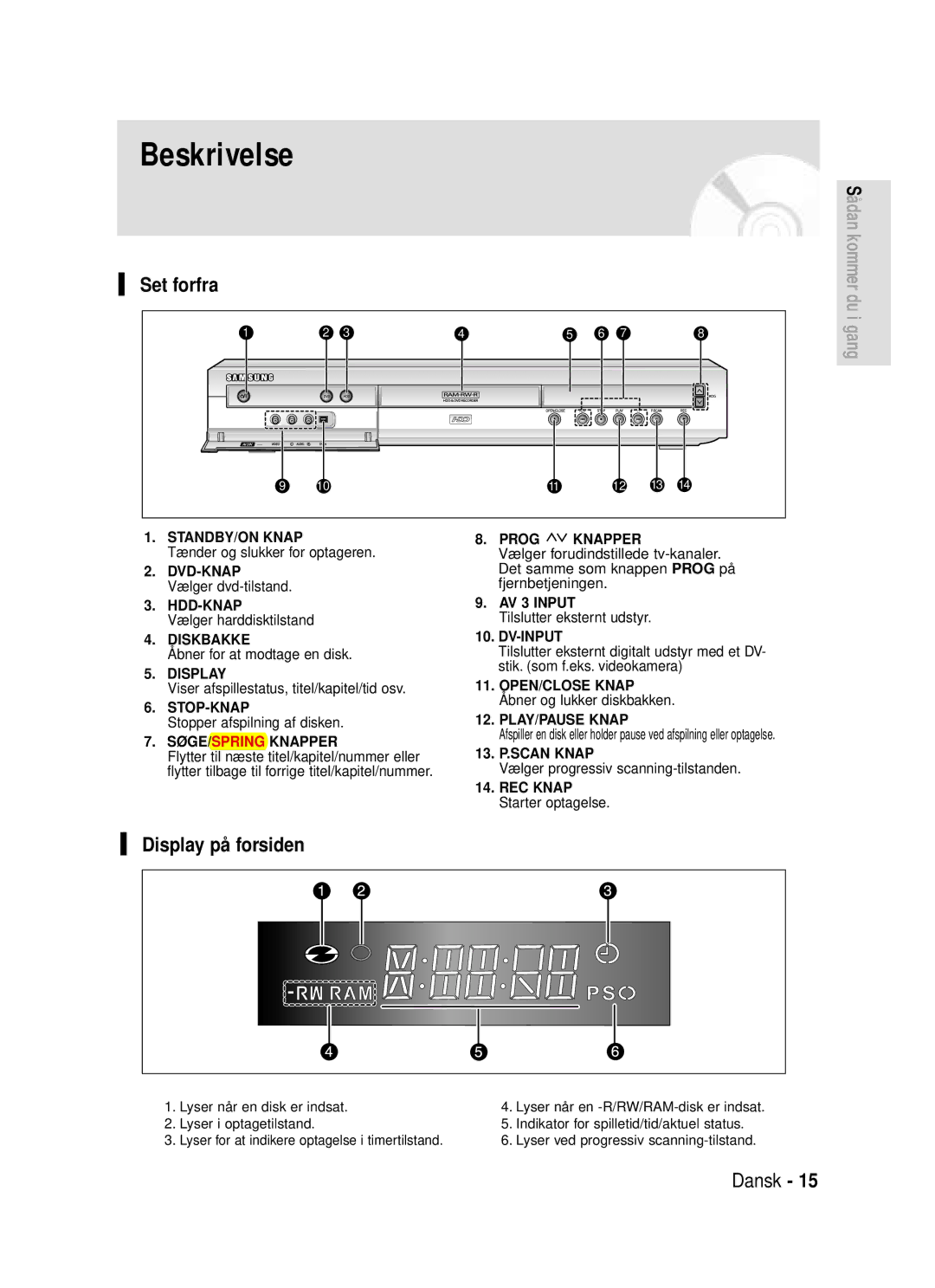 Samsung DVD-HR720/XEE manual Beskrivelse, Set forfra, Display på forsiden 