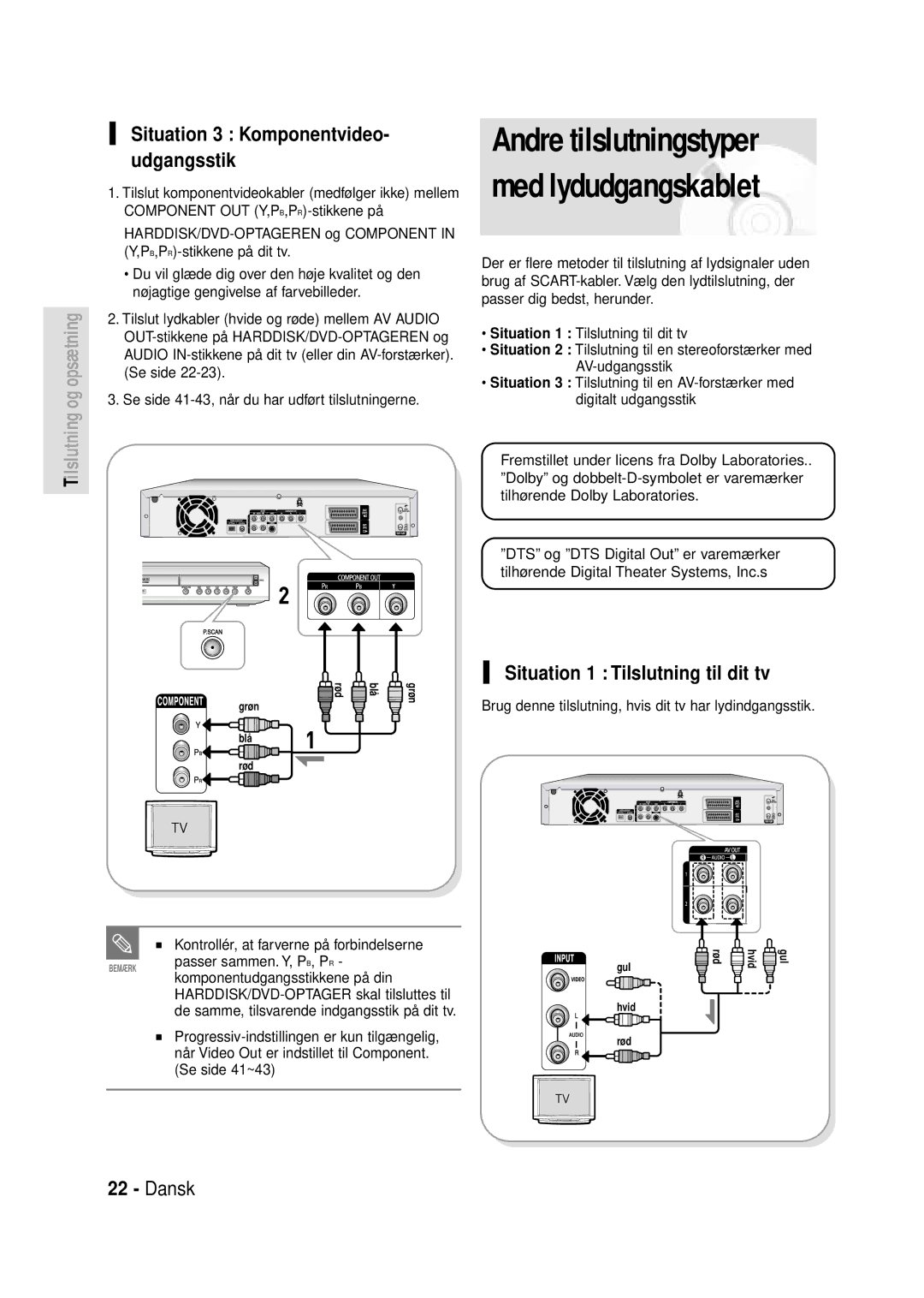 Samsung DVD-HR720/XEE manual Situation 1 Tilslutning til dit tv, Situation 3 Komponentvideo- udgangsstik 