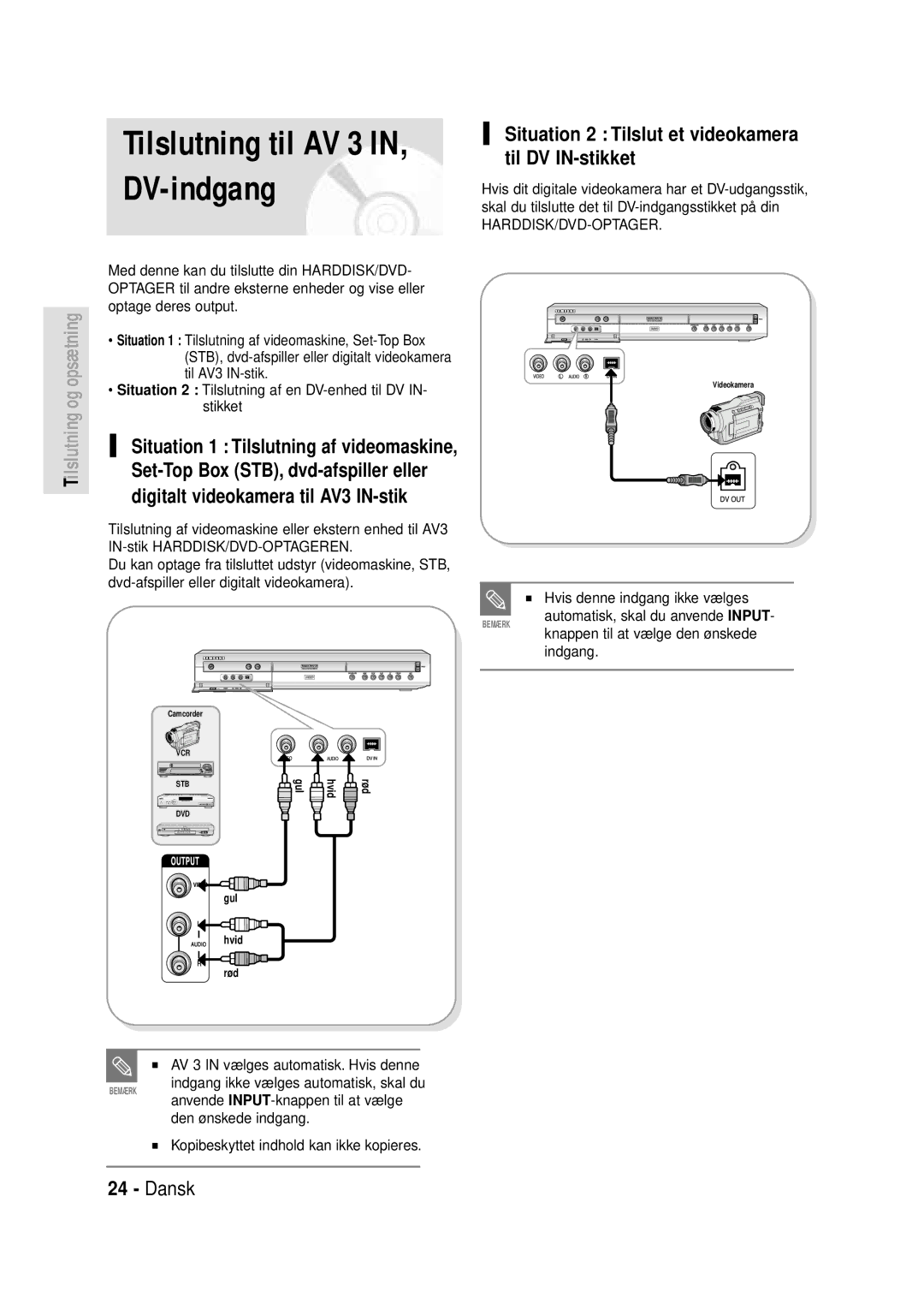 Samsung DVD-HR720/XEE manual Situation 2 Tilslut et videokamera til DV IN-stikket, Hvis denne indgang ikke vælges 