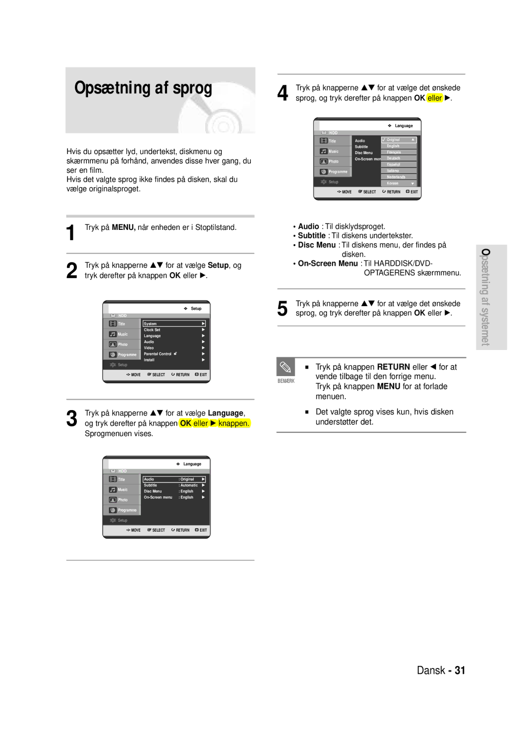 Samsung DVD-HR720/XEE manual Opsætning af sprog, Tryk på knappen Return eller œ for at 