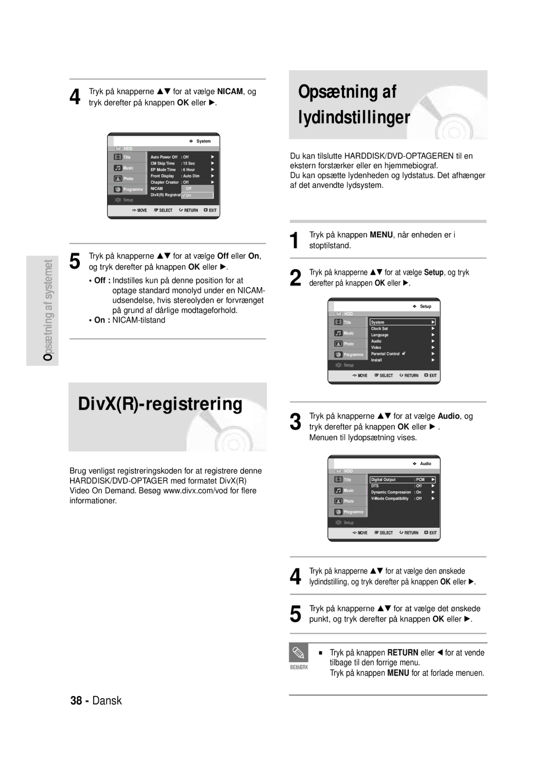 Samsung DVD-HR720/XEE manual DivXR-registrering, Opsætning af lydindstillinger, Tryk på knappen Return eller œ for at vende 