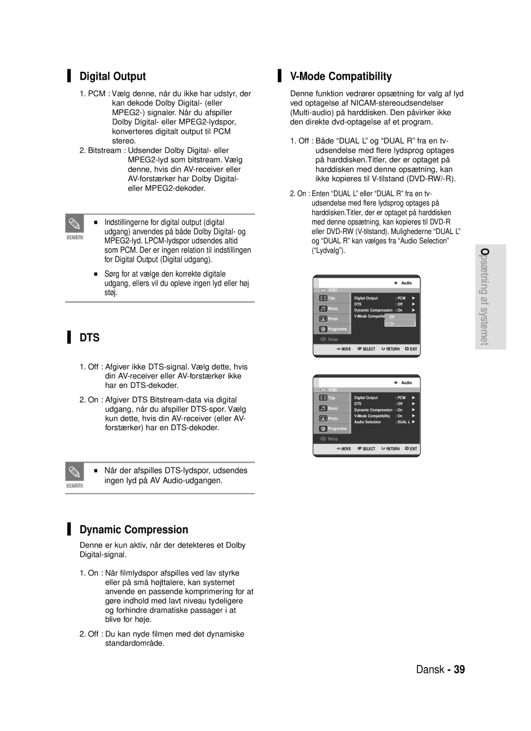 Samsung DVD-HR720/XEE manual Mode Compatibility, Dynamic Compression, For Digital Output Digital udgang 