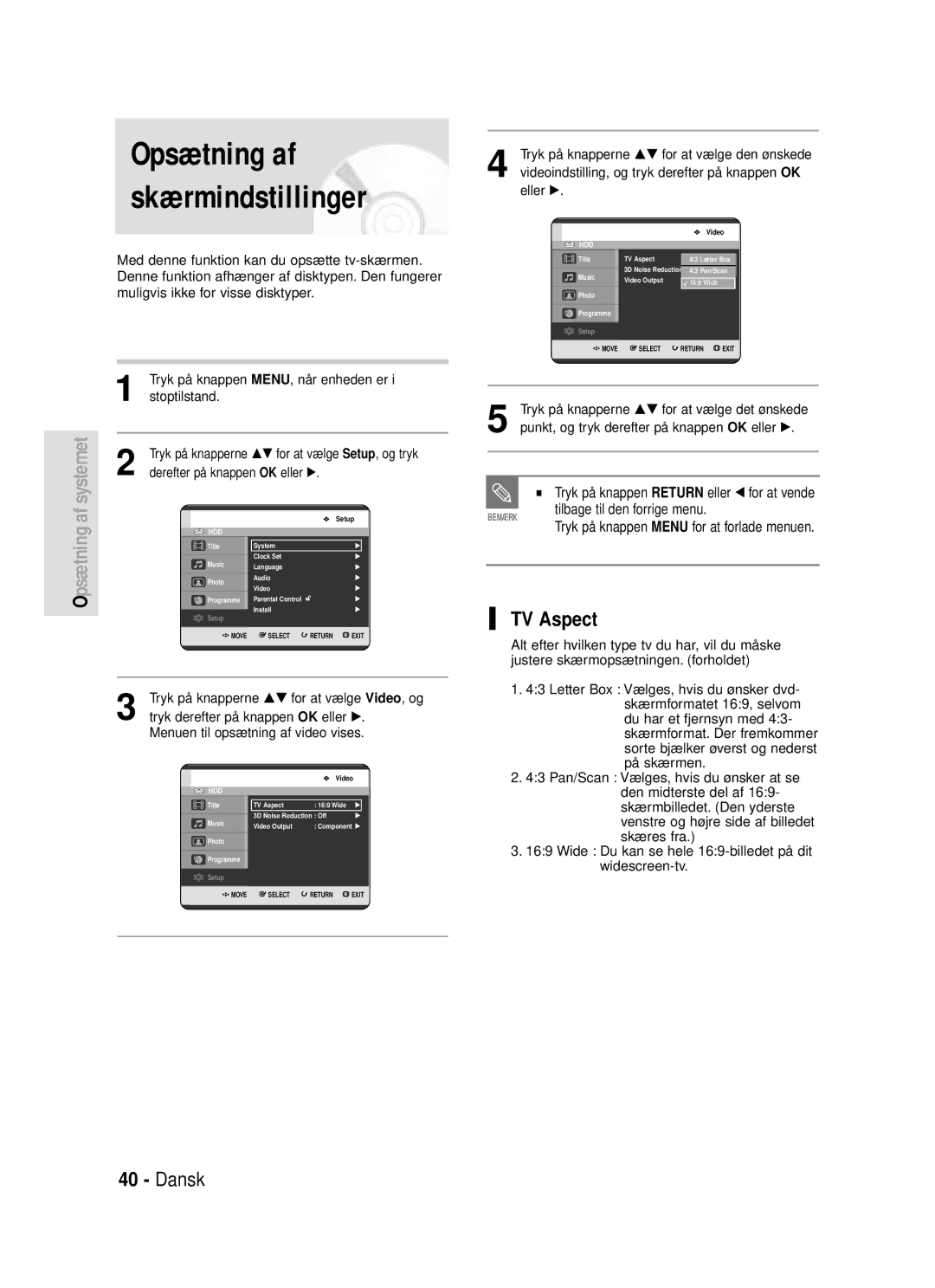 Samsung DVD-HR720/XEE manual Opsætning af skærmindstillinger, TV Aspect 