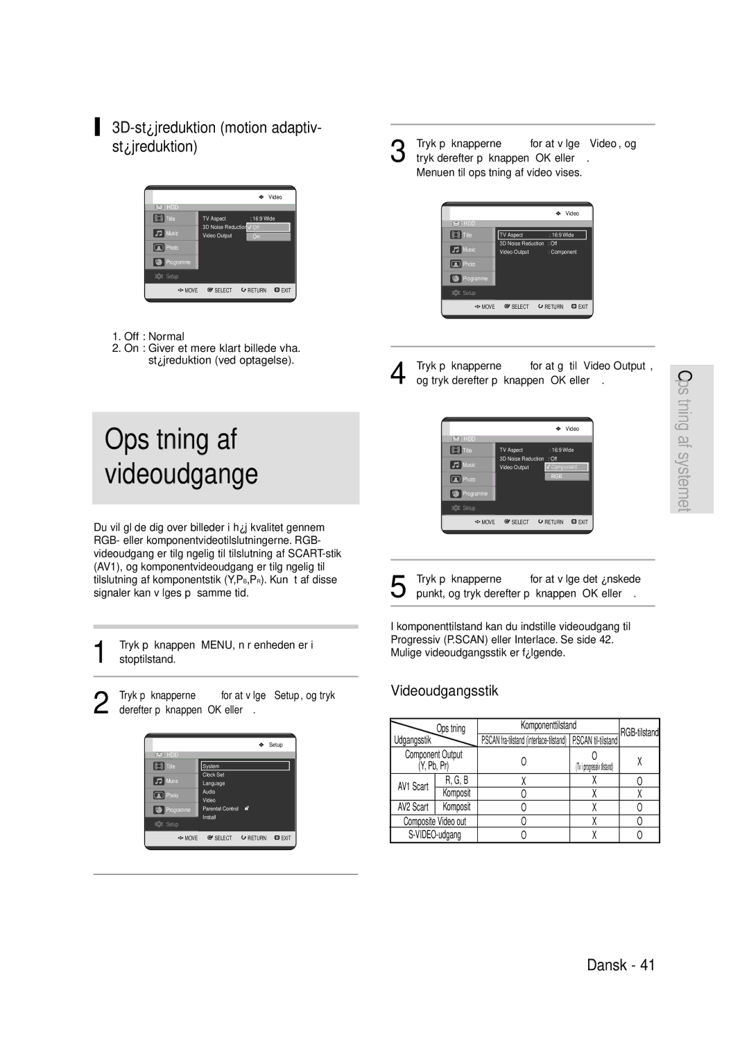 Samsung DVD-HR720/XEE manual Opsætning af videoudgange, 3D-støjreduktion motion adaptiv- støjreduktion, Videoudgangsstik 