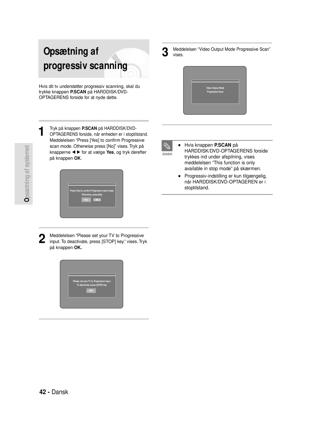 Samsung DVD-HR720/XEE manual Opsætning af progressiv scanning 