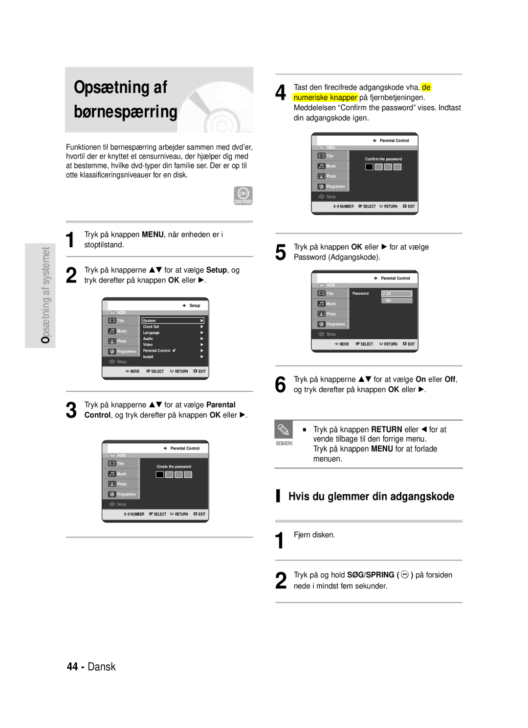 Samsung DVD-HR720/XEE Opsætning af børnespærring, Hvis du glemmer din adgangskode, Tryk på knappen OK eller √ for at vælge 