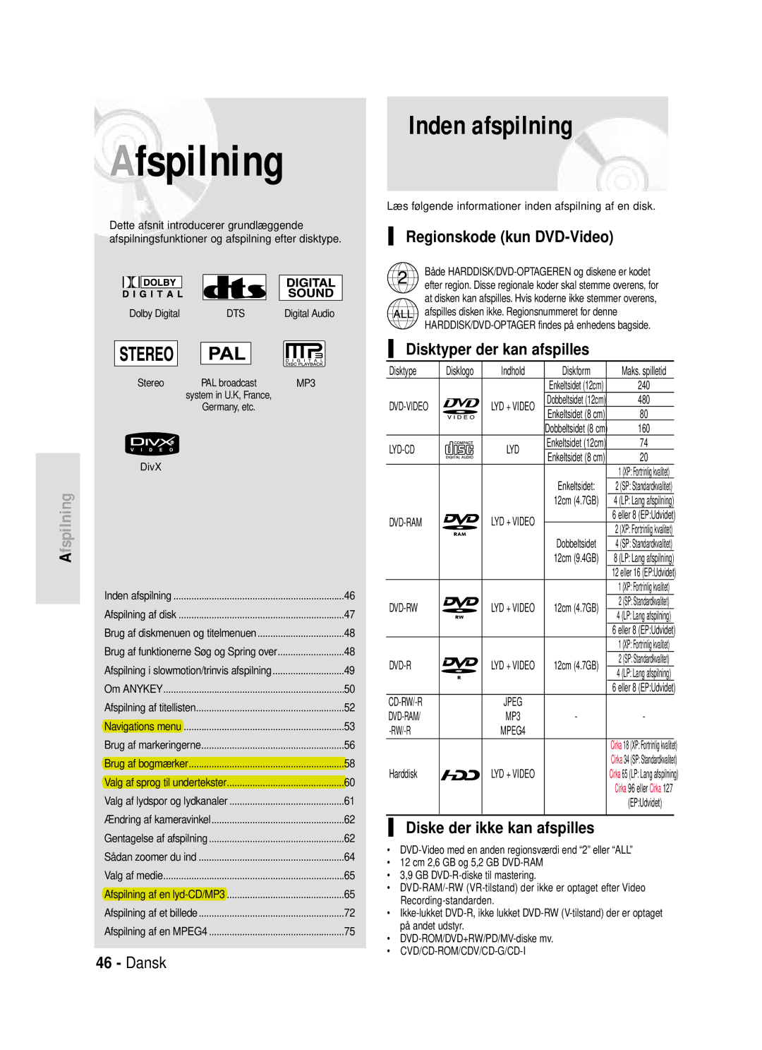 Samsung DVD-HR720/XEE manual Inden afspilning, Regionskode kun DVD-Video, Disktyper der kan afspilles 