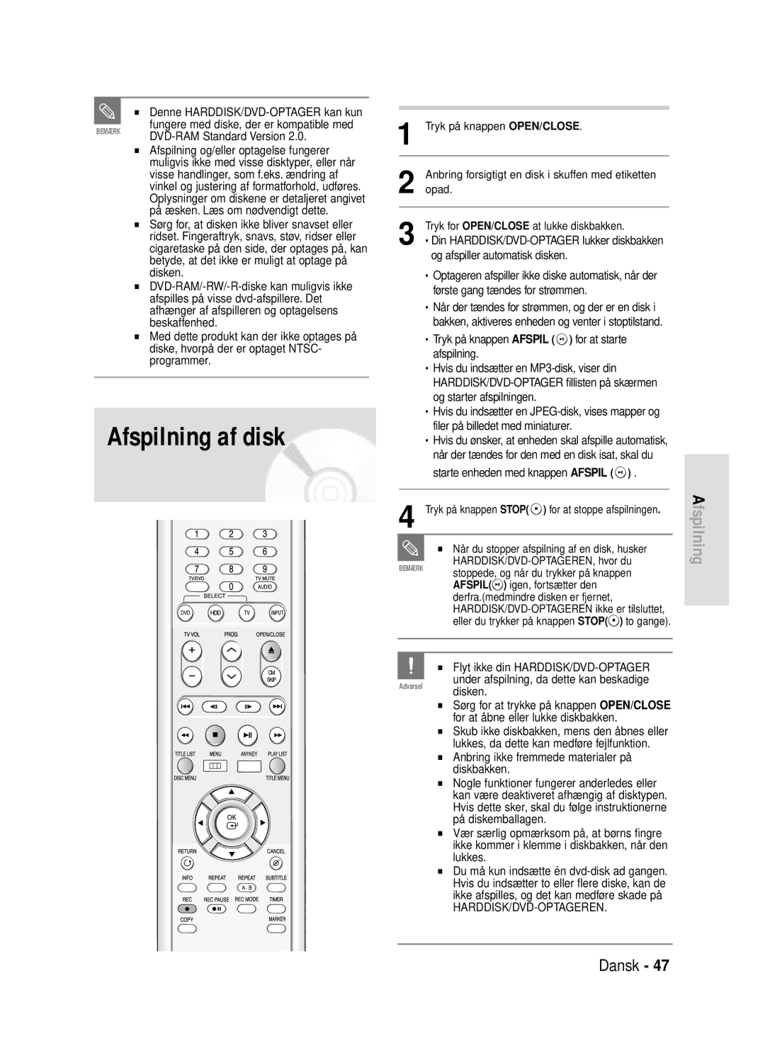 Samsung DVD-HR720/XEE manual Afspilning af disk 