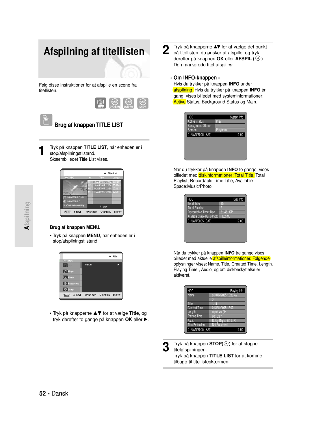 Samsung DVD-HR720/XEE Brug af knappen Title List, Om INFO-knappen, Stop/afspilningstilstand Skærmbilledet Title List vises 