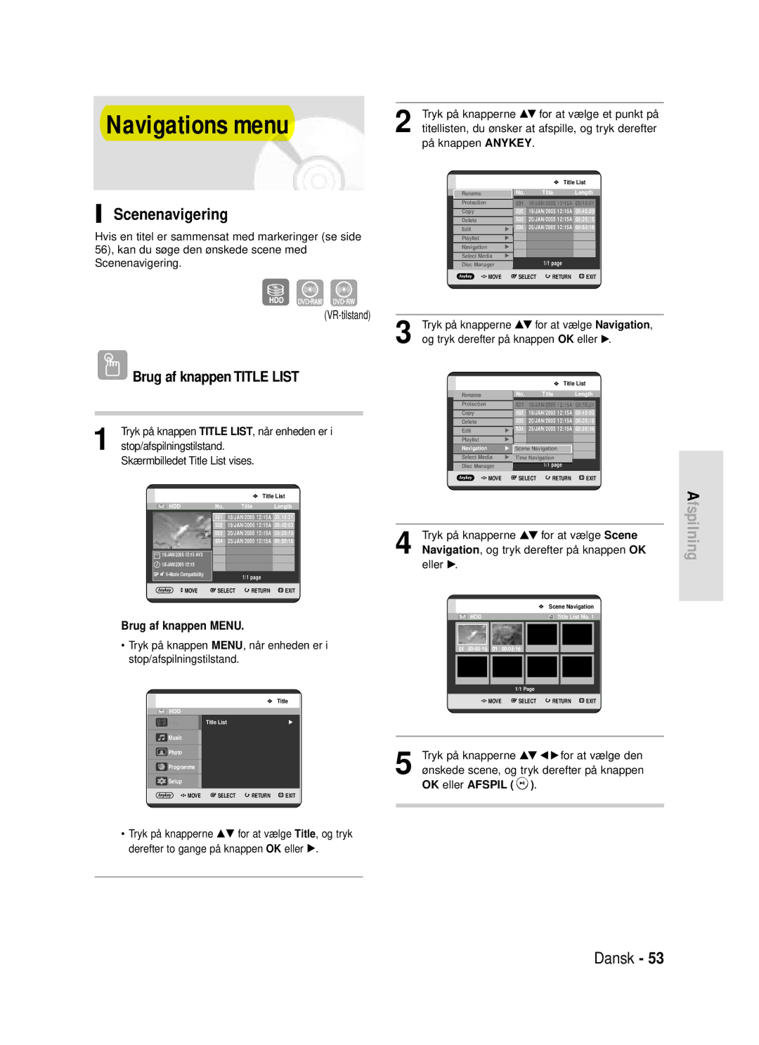 Samsung DVD-HR720/XEE manual Navigations menu, Scenenavigering, VR-tilstand, OK eller Afspil 