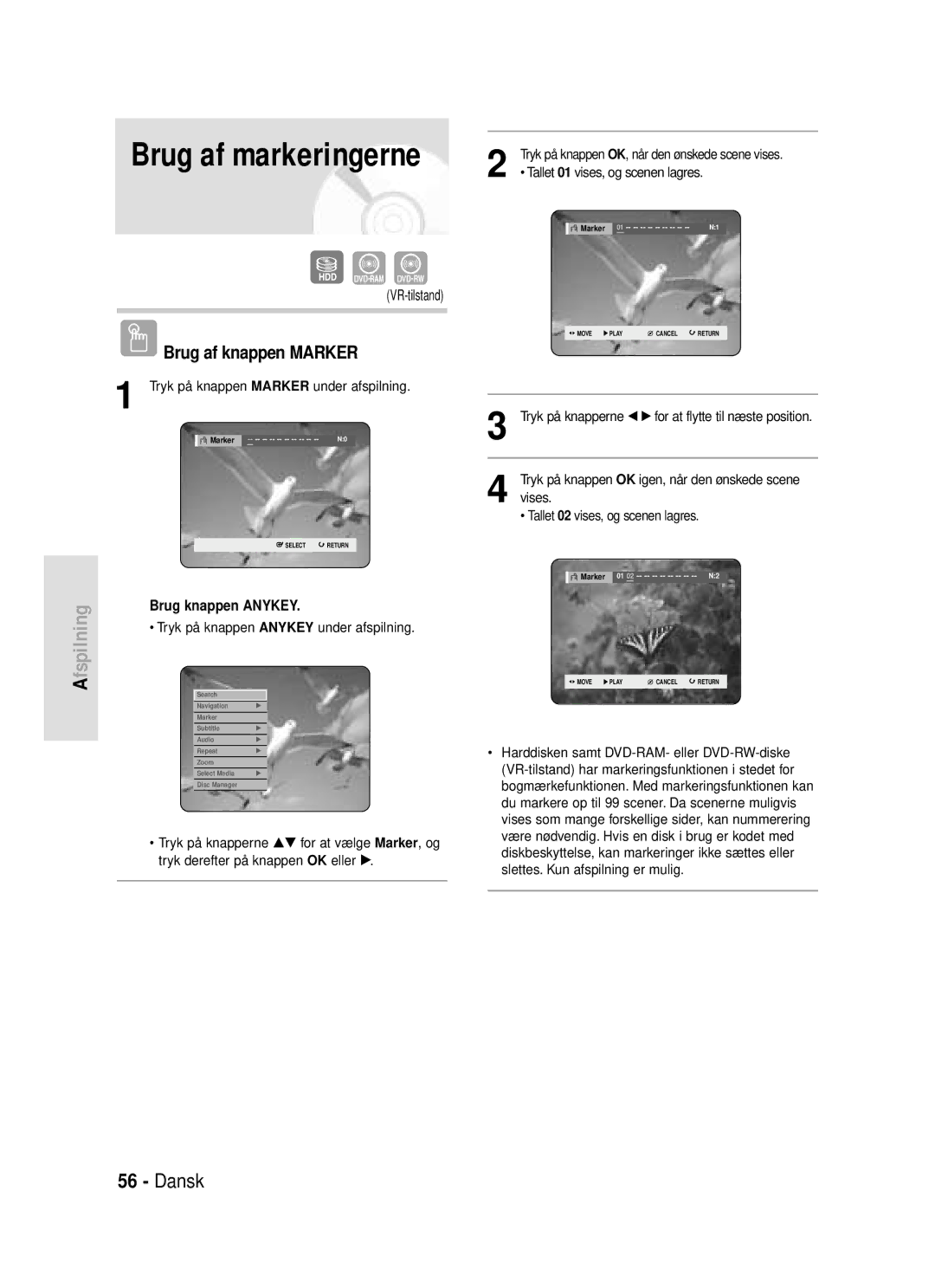 Samsung DVD-HR720/XEE manual Brug af knappen Marker, Tryk på knappen Marker under afspilning 