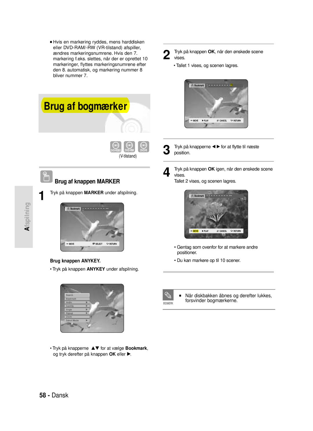 Samsung DVD-HR720/XEE manual Brug af bogmærker, Når diskbakken åbnes og derefter lukkes, Forsvinder bogmærkerne, Tilstand 